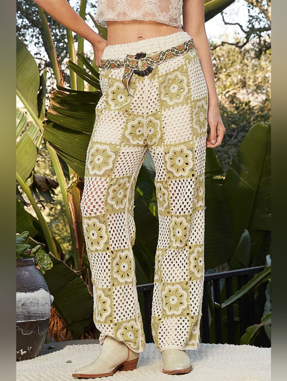 2-0525 POL Cotton Crochet Knit Green Flower Open Knit Summer Pants